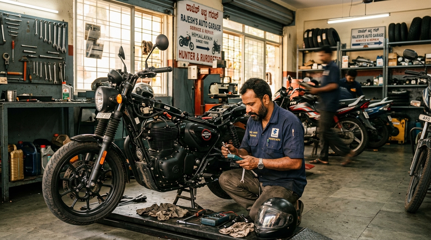 Skilled Indian motorcycle mechanic inspecting bike in workshop