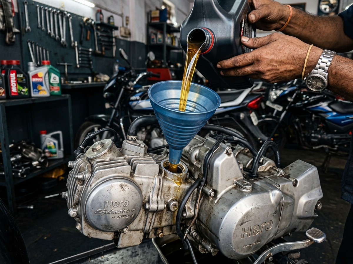 Engine oil change in workshop